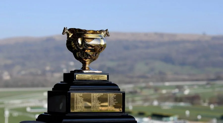 Exciting moment of the Gold Cup race at Cheltenham, showcasing the competing horses.